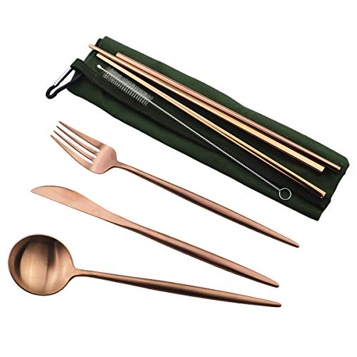 Reusable Travel Utensils (Green Pouch / Rose Gold)