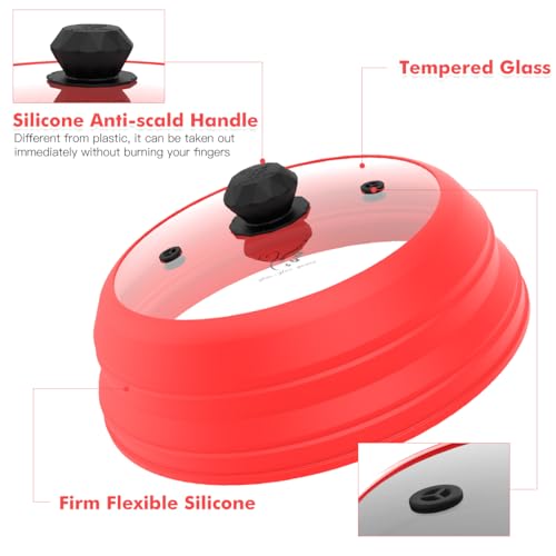 Microwave Splatter Cover Vented Glass Splatter Guard Lid with Collapsible Silicone for Food as Pot Cover 11.8 inch Large Plate for 6 7 8 9 10 11 inch Plate Bowl Red (11.8 inch / Red Lid)