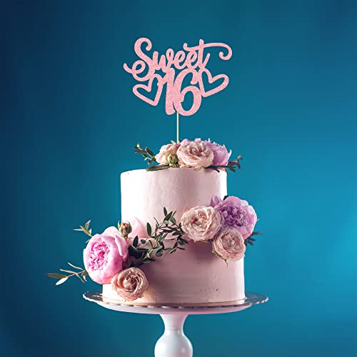 1Pc Sweet Teenager 16 Cake Topper Glitter 16th Birthday Cake Pick for Cheers to 16 Years Old 16th Birthday Party Cake Decorations Supplies Pink