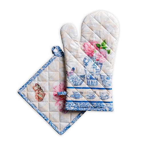 100% Cotton Oven Mitt & Pot Holder Set (017 - Canton / 7.5" x 13" & 8" x 8" (Oven Mitt & Pot Holder))
