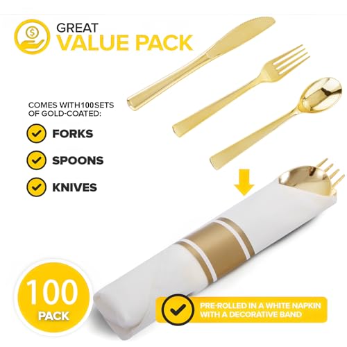 400PCS Pre Rolled Gold Plastic Silverware Sets (Gold - Classic)