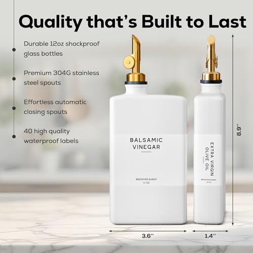 White Glass Olive Oil Dispenser Bottle for Kitchen by Brighter Barns (White/Gold)