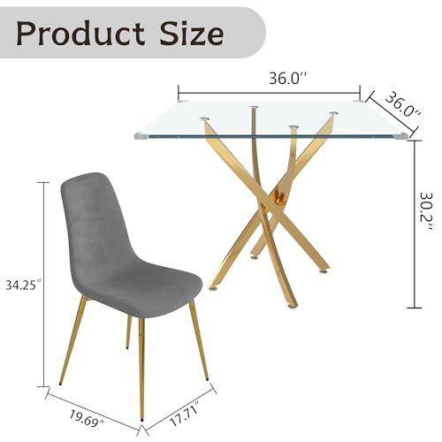 36" Square Glass Dining Table Set for 4 (Gold Square Table/Grey Velvet Chairs / 5 Pieces)