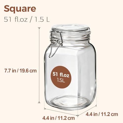 Square Glass Jars with Airtight Lids 51 oz 3 Pack Wide Mouth (51 fl oz x 3)