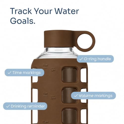 40oz / 32oz / 22oz / 12oz Borosilicate Glass Water Bottle with Time & Volume Markers, Silicone Sleeve, Stainless Steel Lid – Reusable Glass Bottle for Water & Juice (40oz Earth Brown) (Earth Brown (1 Count) / 40 Ounces)