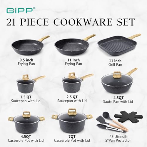21Psc Pots and Pans Set Non Stick (Dark Gray / 21 Pieces)