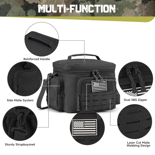 Tactical Lunch Bag for Mens Military Heavy Duty Lunch Box Work Leakproof Insulated Durable Thermal Cooler Bag for Adult Meal for Office Camping Picnic Pail MOLLE Webbing Black