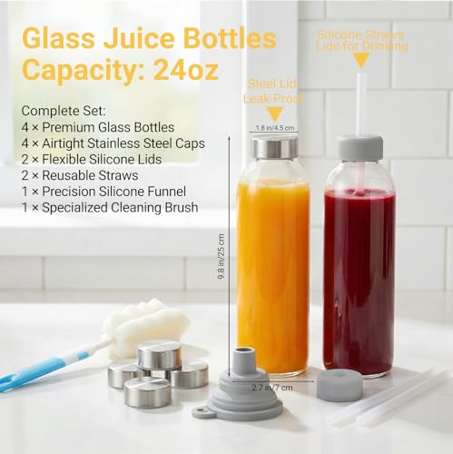 24 oz Glass Water Bottles with Lids (Clear Glass Bottle 4 Pack / 24 Ounces)
