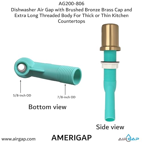 Dishwasher Air Gap with Skirted Brushed Bronze Brass Cap and Extra Long Threaded Body for Thick or Thin Kitchen Countertops (AG200-806)