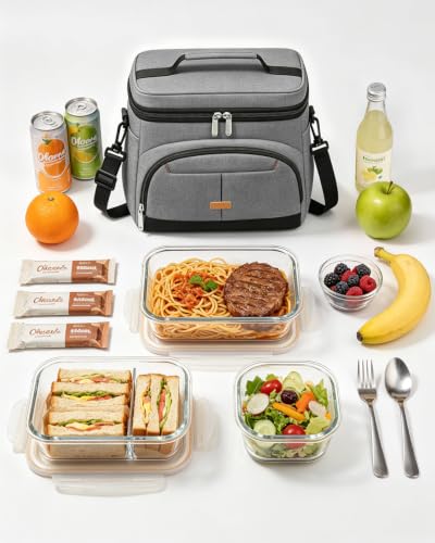 Lunch Box for Men Women Insulated Lunch Tote Cooler Bag Lunchbox (Light Grey / Large)