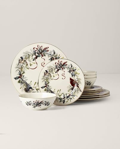 Winter Greetings Christmas Dinnerware Plate and Bowl Set (12-Piece Dinnerware Set - Includes Pasta Bowls)