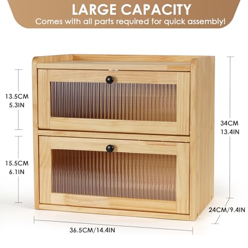 Bread Box for Kitchen Countertop Wooden Bread Storage Container Bin 2 Layer Breadbox Holder Large Capacity Keeper Vintage Farmhouse Food Organizer Pantry Shelf Acrylic Window（Wood color） (Yellow)