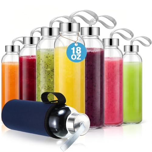 12 Pack Glass Water Bottles with Sleeves (Stylish / Navy Blue)