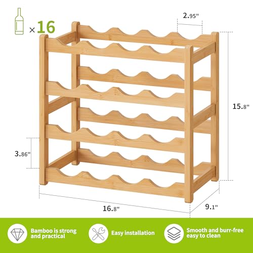 Bamboo Wine Rack Wine Storage Cabinet Shelf 16 Bottle Wine Racks Countertop Sturdy for Kitchen Dining Room Pantry (Natural / 4 Tier)