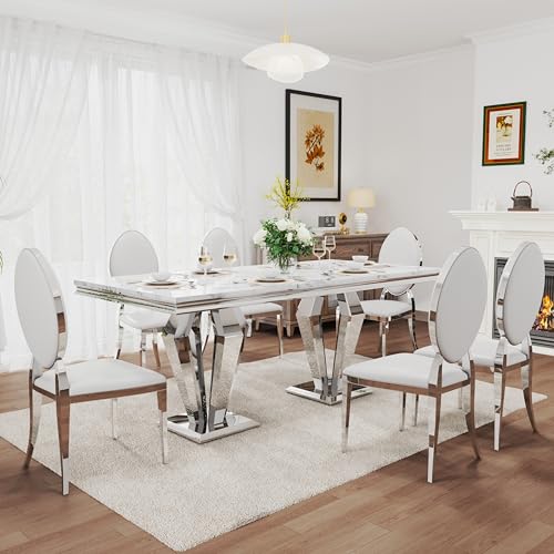 7 Piece Luxury Dining Room Set (Silver White + White / Dining Table + 6 Rund Chairs)
