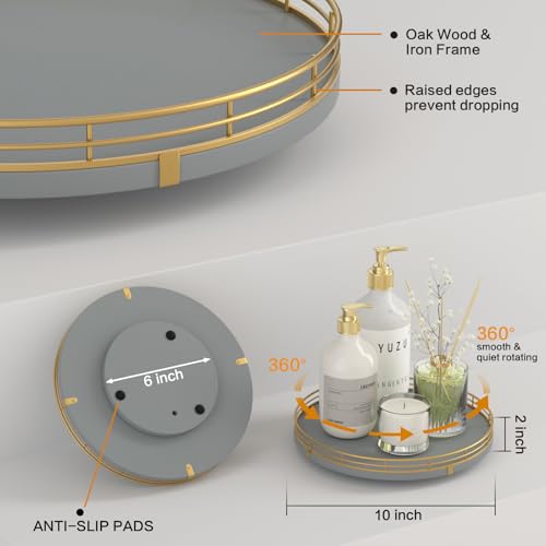 Oroutor 10 Inch Gray Wooden Lazy Susan Spice Organizer for Cabinet (Gray & Gold / 10)
