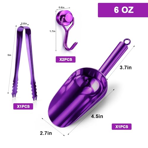 Stainless Steel Ice Scoop for Freezer with Magnetic Hook & Ice Tongs (6oz / Purplr)