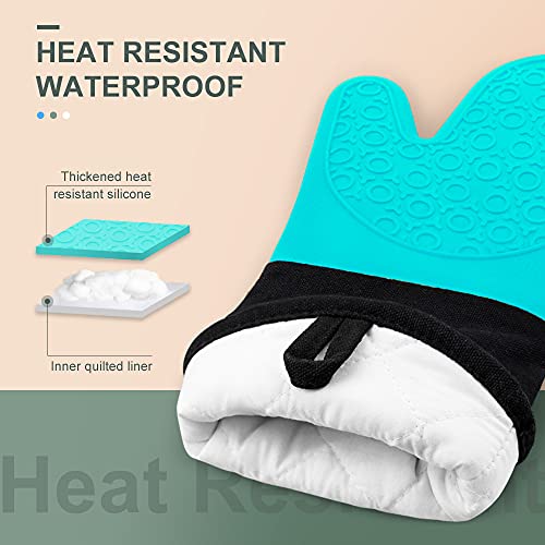 Silicone Oven Mitts (Turquoise & Black / 14.6in Oven Mitts)