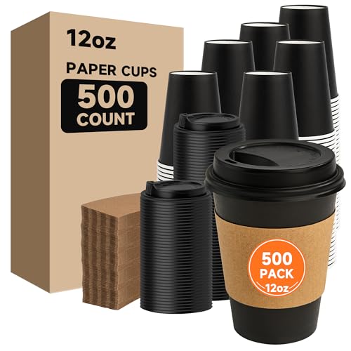 500 Pack 12 oz Disposable Coffee Cups with Lids and Sleeves (Black / 12 oz)