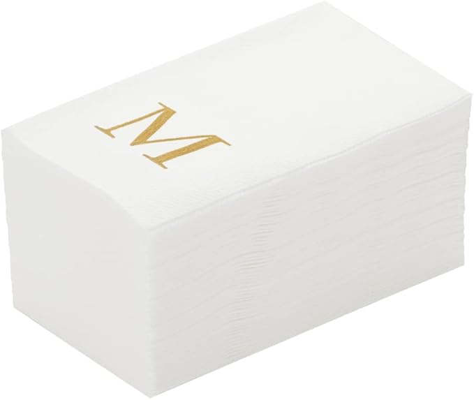 Luxenap 15.8 X 7.9 Inch Linen-Feel Guest Towels, 2000 Lettered Hand Towels - Gold Letter 'M', Sans Serif Font, White Paper Dinner Napkins, airlaid, For Restrooms And Tables
