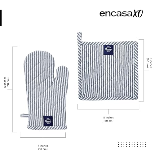 Oven Mitts and Pot Holders Set (Oven Glove + Pot Holder / Ticking Navy Blue)