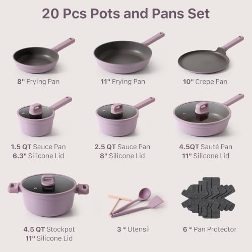 20Pcs Nonstick Pots and Pans Set (Lavender Purple / L)