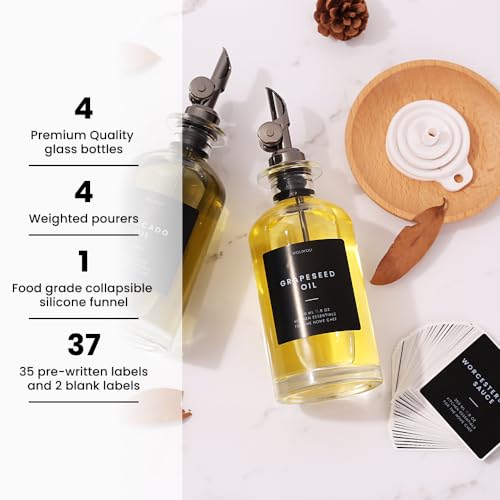 Olive Oil Dispenser Bottle for Kitchen With Weighted Pourer (350ml, Set of 4 Bottles / Black)