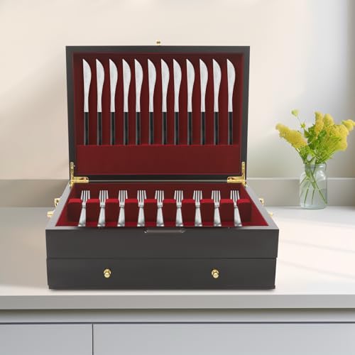 Wooden Silverware Storage Box 2 Layers Silverware Chest Case with Drawer with Handle Lid Flatware Organizer for Kitchen Dining Room