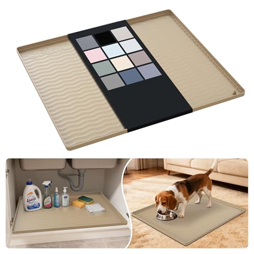 Waterproof Silicone Under Sink Mat 25'' x 22'' Shelf Liner for Kitchen and Bathroom (Khaki / 22"W x 25"L)