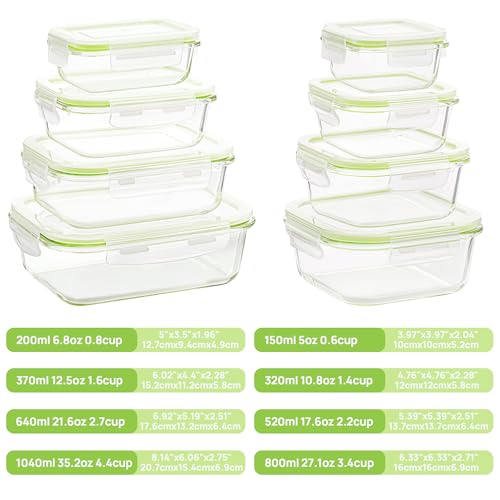 8 Pack Glass Food Storage Containers with Airtight Lids (Grass Green)
