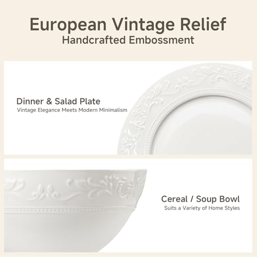 18Pcs Vintage Relief White Bone China Set (White-Retro Embossed / service for 6-18pcs)