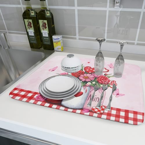Rose Vase Dish Drying Mat 18x24 inch Romantic Floral Washable Absorbent Dish Dry Pad Fast Dry Drainer Rack Mats Kitchen Counter Accessories (Rose Floral Vase / 18" x 24")