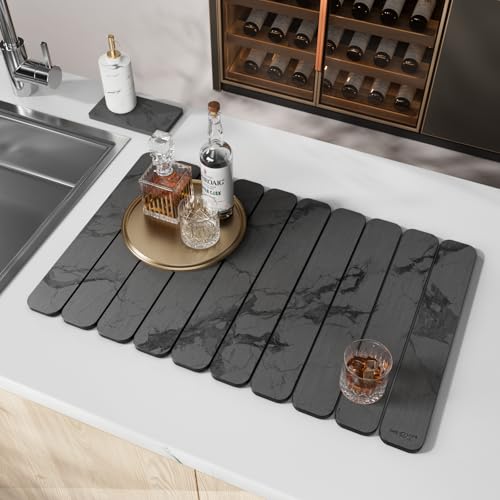 2PCS Stone Drying Mat for Kitchen Counter (Dark Grey 10-Fold Print (1 large+1 small))