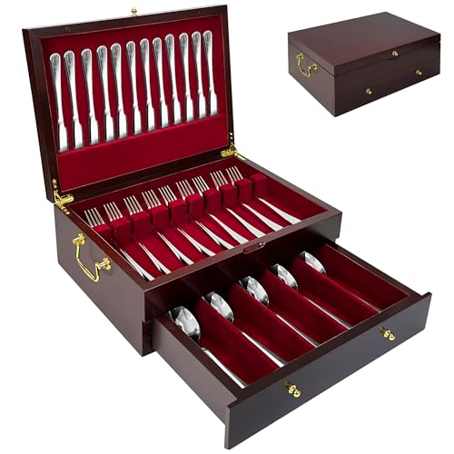 Silverware Storage Box Solid Wood with Lid (Cherry / 2 Layer)