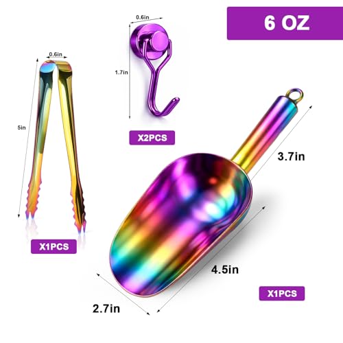 Stainless Steel Ice Scoop for Freezer with Magnetic Hook & Ice Tongs (6oz / Colorful)