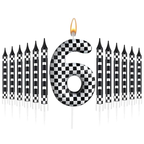 13 Pcs Racing Cars Themed Birthday Candles 12 Black and White Race Number 6 Checkered Candle Cake Topper for Racing Car Party Decoration Supplies (13 Count)