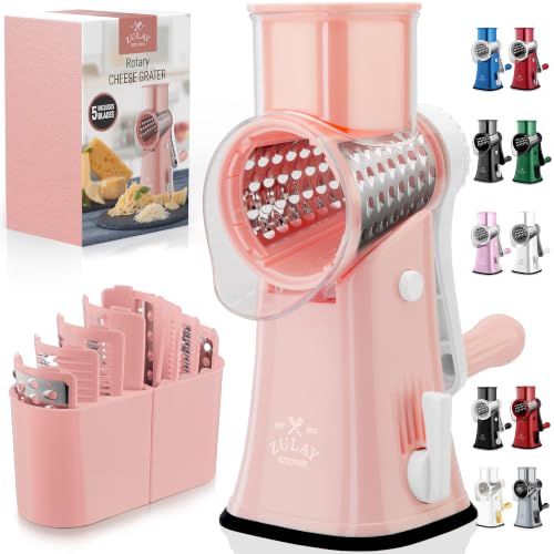 Rotary Cheese Grater Manual Hand Crank 5 Blade Shredder (5 Blades / Peach & White)