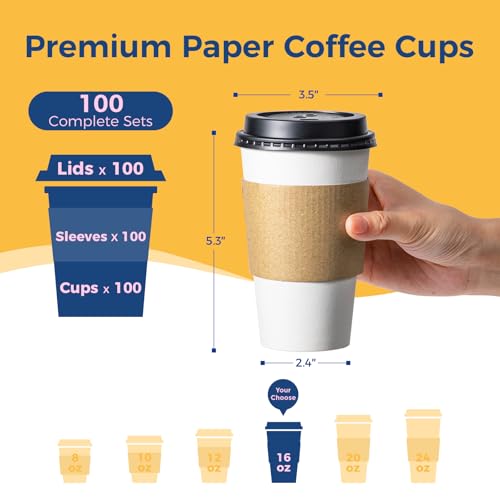 16 oz 100 Pack To Go Coffee Cups with Lids and Sleeves (16 oz)