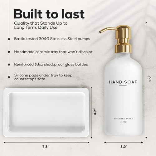 Luxury Glass Soap and Lotion Dispenser Set with Tray by Brighter Barns (Gold Sl)