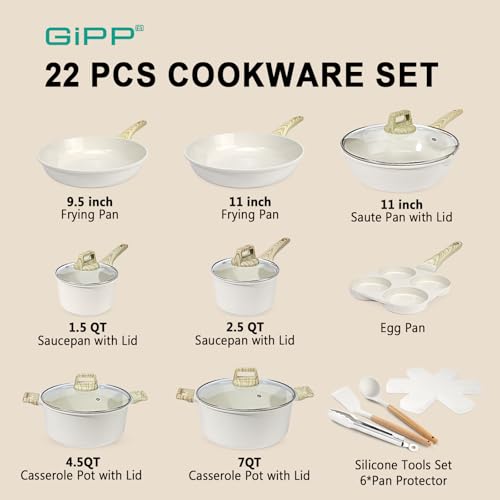 Ceramic Pots and Pans Set Non Stick (Cream White / 22 Pieces)