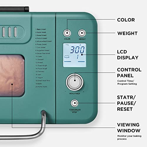 20-in-1 2LB Bread Maker Metal Bread Machine with Dual Heater, Green (Green)