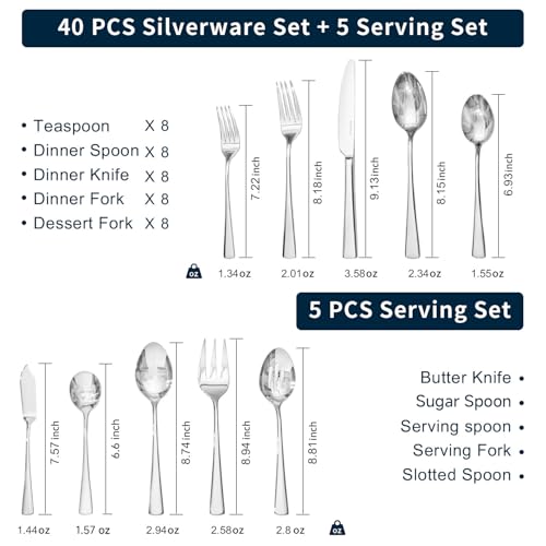 45 Piece Silverware Set for 8 with Serving Utensils (Silver / 45-Piece)