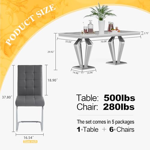 7 Piece Luxury Dining Room Set (Silver White + Grey / Dining Table + 6 U-shape Chair)