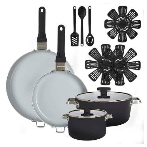 14 Piece Ceramic Cookware Set with Removable Handles (Black)