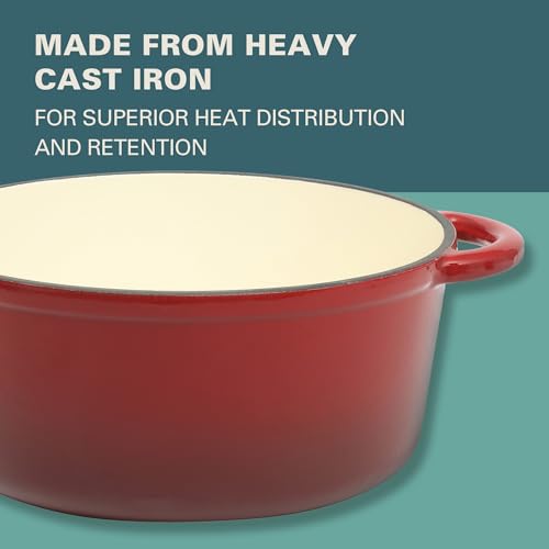Addlestone 5 Quart Red Enamel Cast Iron Dutch Oven with Lid and Dual Handles (5-Quart / Gradient Red)