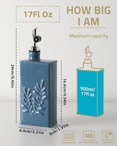 Sweejar Ceramic Olive Oil Dispenser Bottle for Kitchen (17 Oz(Silver Spout) / Fogblue)