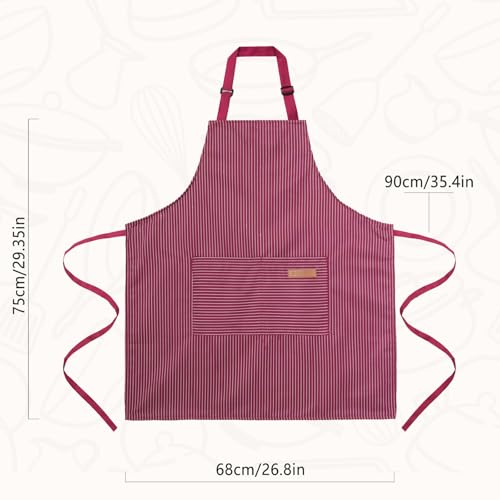 2 Pack Cooking Aprons Adjustable Bib Apron for Women with 2 Pockets (Wine Pinstripes)