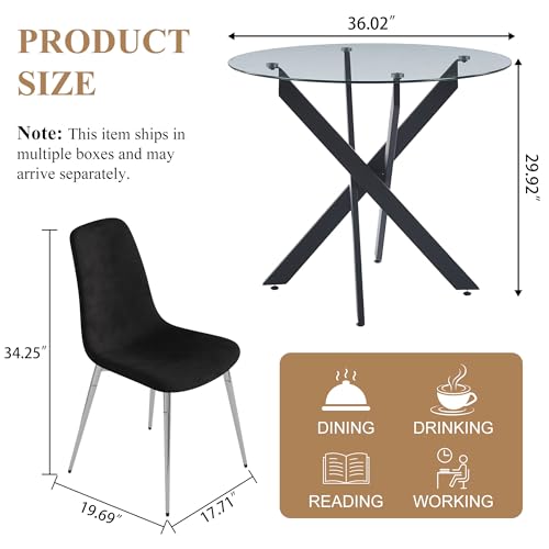 36” Round Glass Dining Table Set for 4 (Black Round Table/Blue Velvet Chairs / 5 Pieces)