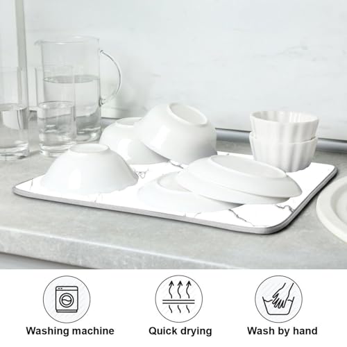 White Grey Marble Dish Drying Mat for Kitchen Counter Absorbent Microfiber Drying Pad (18" x 18")
