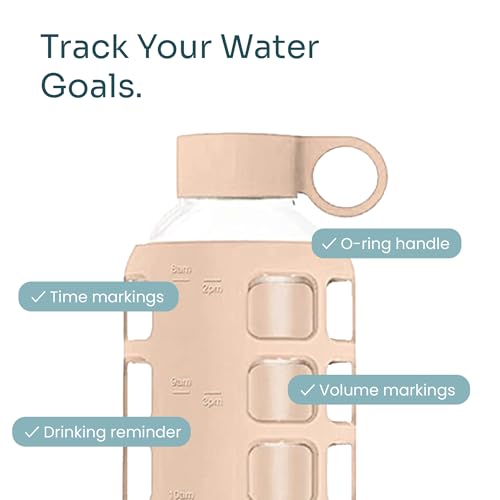 40oz / 32oz / 22oz / 12oz Borosilicate Glass Water Bottle with Time & Volume Markers, Silicone Sleeve, Stainless Steel Lid | Reusable Glass Bottle for Water & Juice (32oz Hazelnut) (Hazelnut (1 Count) / 32 Ounces)